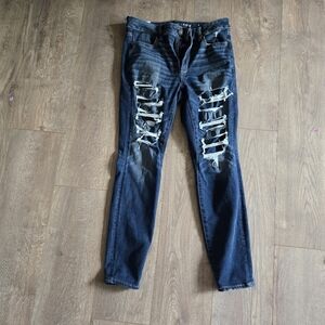 AMERICAN EAGLE DISTRESSED BLUE JEANS  HIGH RISE SKINNY 12 STRETCH Jegging Womens